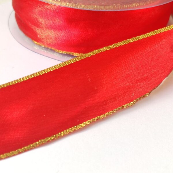 Fita de cetim com lurex- 25 mm- vermelho/dourado