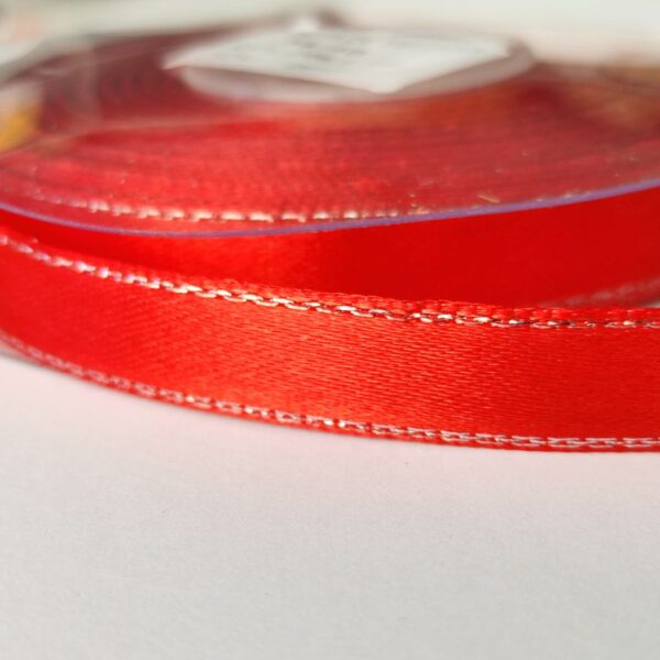 Fita de cetim com lurex- 10 mm- vermelho/prateado