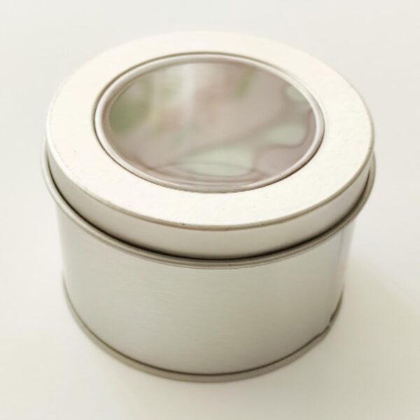 Caixa metal com visor em acetato -prateado- 7,5*5 cm