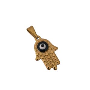 Medalha em aço inoxidável dourado-Mão de Fátima c/olho turco