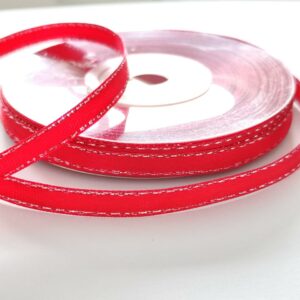 Fita de cetim com lurex- 6 mm- vermelho/prateado