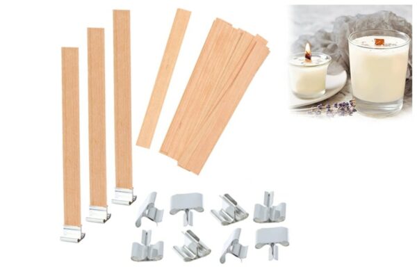 Pavio de madeira + bases metalicas 13X1.3CM- Pack 10 unid