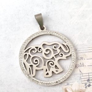 Medalha em aço inoxidável prateado - Elefante com brilhante