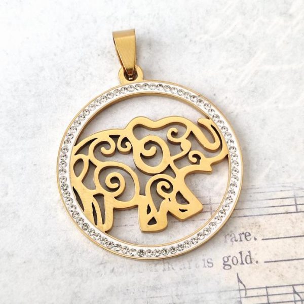 Medalha em aço inoxidável dourado - Elefante com brilhante