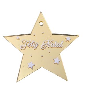 Aplicação em acrílico espelhado - Estrela - Feliz Natal (5,5cm)