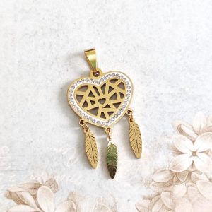Medalha em aço inoxidável- Coração caça sonho-dourado