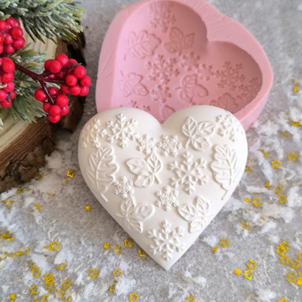 Molde em silicone -Coração flocos e folhas