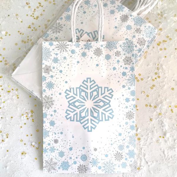 Saco de Papel Natalício - Floco Neve Azul - 21x15x8