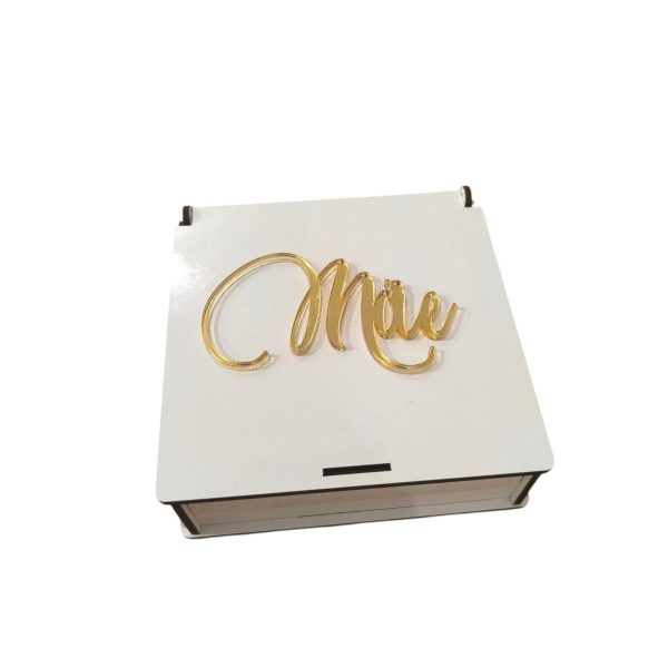 Caixa quadrada com aplique em acrílico dourado - Mãe