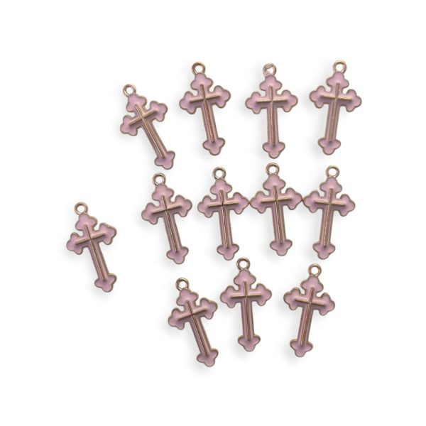 Pendente cruz metálico com esmalte - Rosa - 25 mm (12 unid)