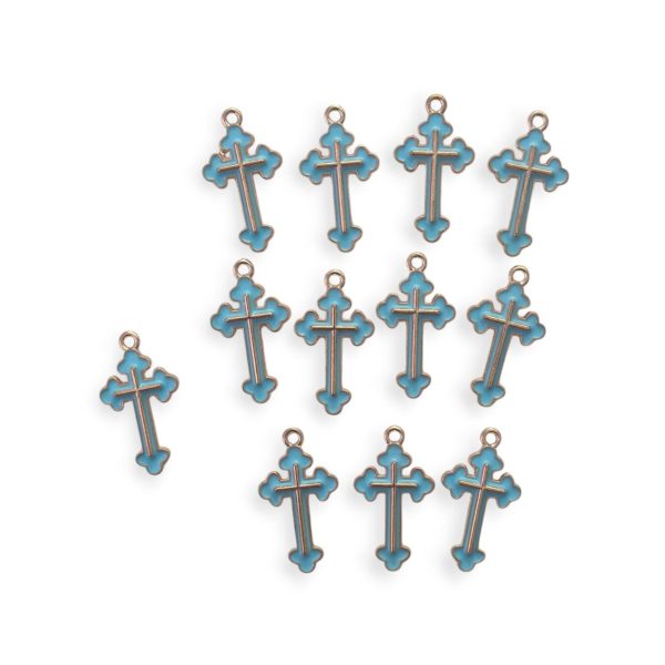 Pendente cruz metálico com esmalte - Azul - 25 mm (12 unid)