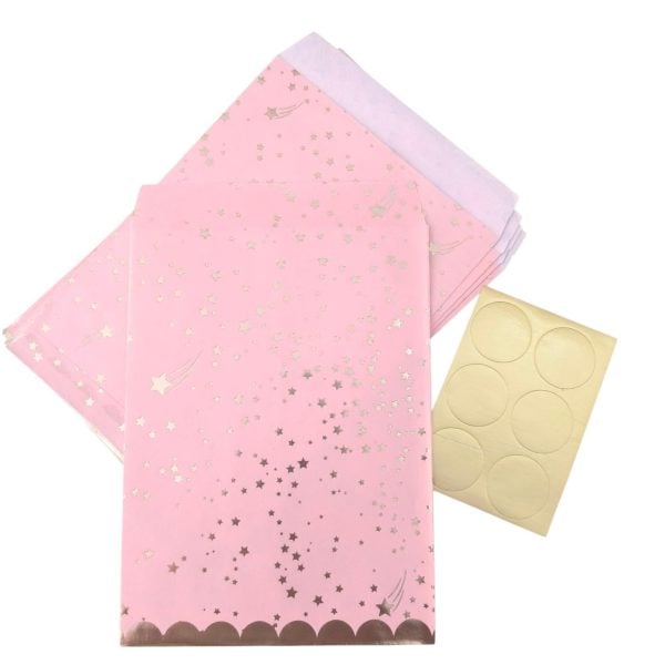 Saco de papel - Rosa c/ estrelas - 20x14cm